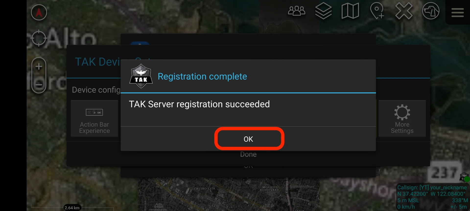 После успешной авторизации появится сообщение Tak Server registration succeeded