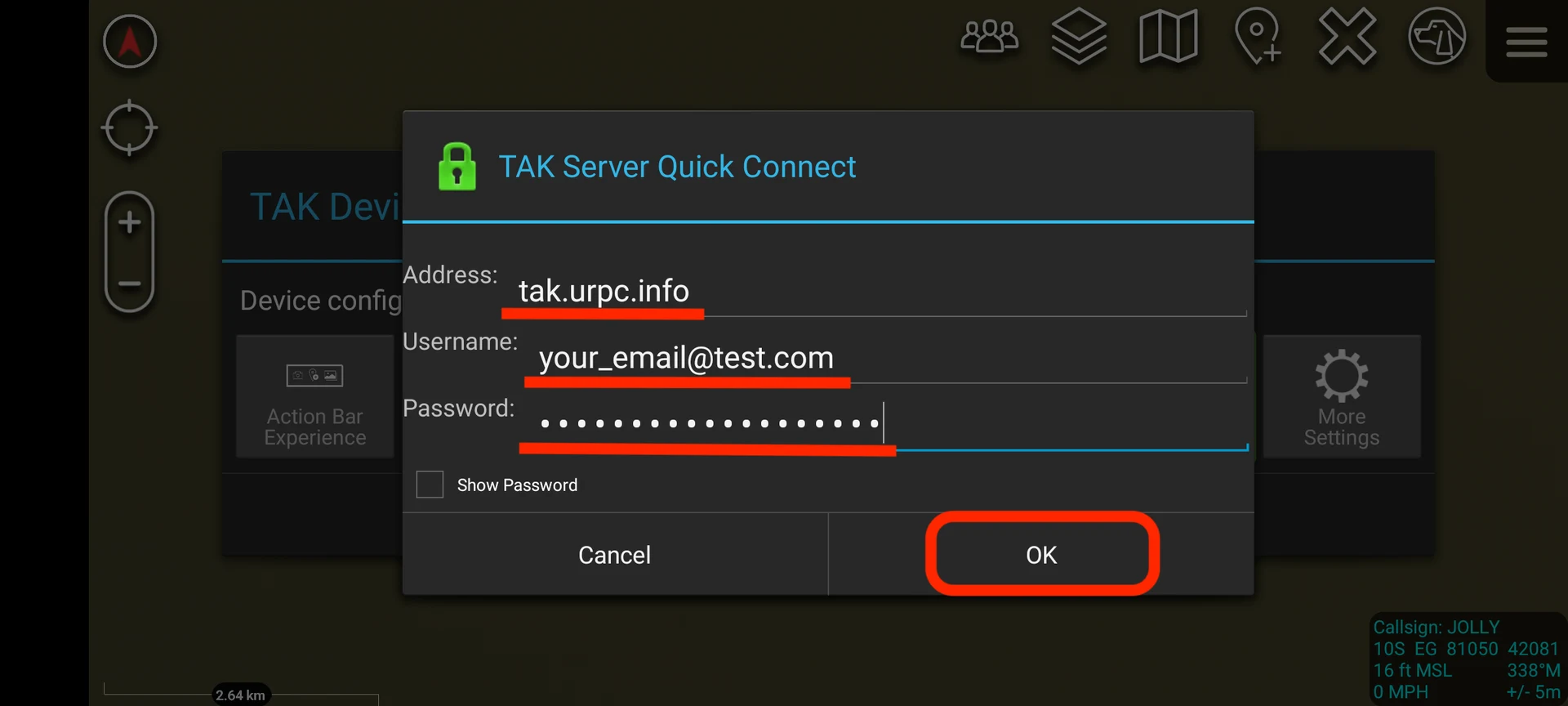 Введите адрес сервера: tak.urpc.info. Введите email и пароль, указанные при регистрации